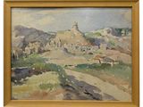 an image of a painting of a village with a church in the background