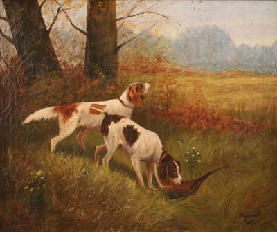 painting of two dogs in a field with a pheasant in the foreground