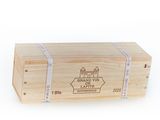 a wooden box that has a label on it