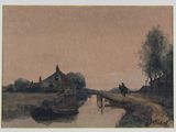 tableau représentant un homme à cheval sur un sentier longeant une rivière