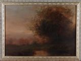 une peinture à l'huile représentant un arbre dans un champ, avec une rivière au premier plan