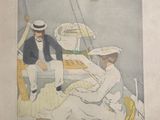 two men sitting on a boat in the water