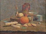 painting of a still life with oranges, bread and a bottle of wine