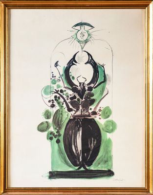 tableau représentant un chat assis sur un vase contenant des fleurs