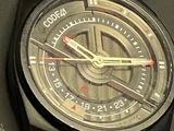 a close up of a wrist watch with a black leather strap