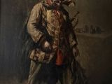tableau représentant un homme en haut-de-forme et en manteau, tenant un oiseau
