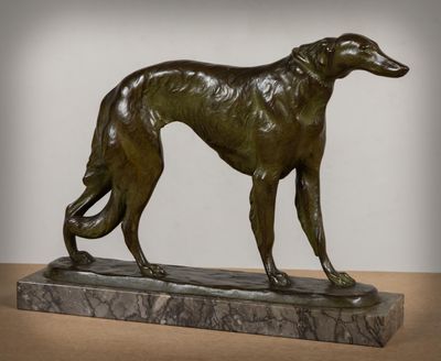 bronze sculpture of a greyhound dog on a marble base