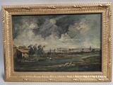 une peinture à l'huile représentant une scène de vie à la ferme, avec du bétail au premier plan