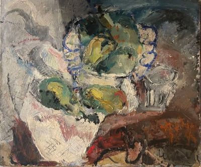 painting of a painting of a vase of flowers on a table