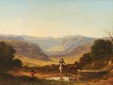 painting of a man riding a horse in a mountainous landscape