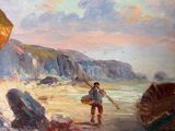 a painting of a man walking on the beach with a boat