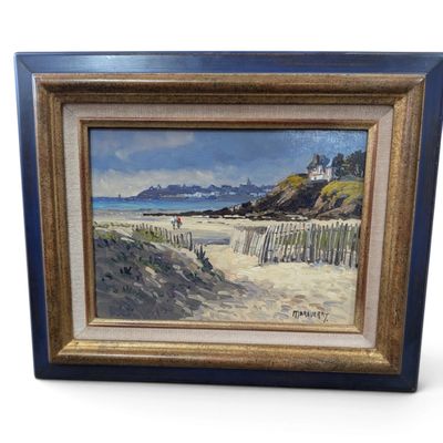 painting of a beach scene with a lighthouse in the distance