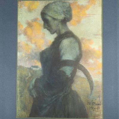 an image of a painting of a woman with a scythe in her hand