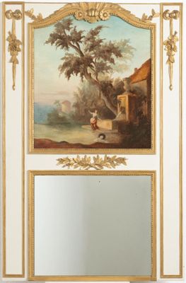 a painting on the wall above a mirror in a room