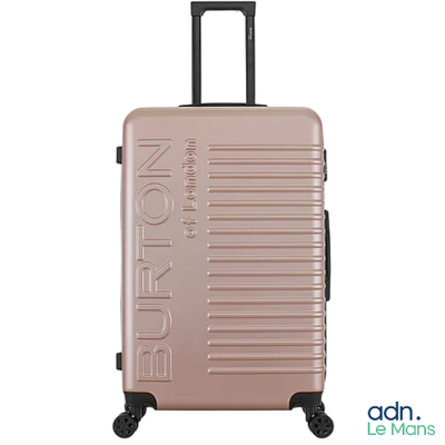 an image of a pink suitcase with wheels on a white background