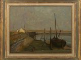 une peinture à l'huile représentant un bateau amarré sur la rive, près d'un embarcadère