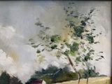 une peinture représentant un arbre dans un champ, avec une grange en arrière-plan