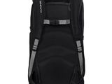the back of a black backpack with a grey strap