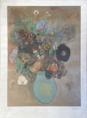 une peinture de fleurs dans un vase bleu sur une table