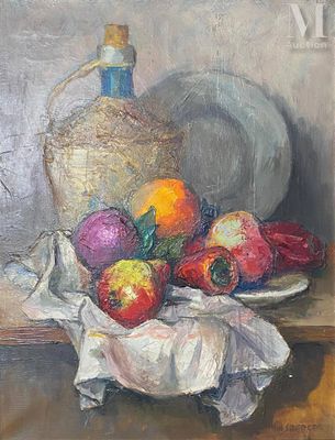un tableau représentant des pommes, des oranges et une cruche posées sur une table