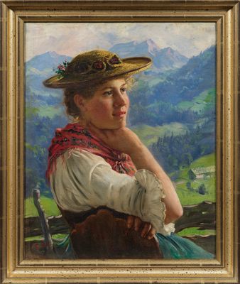 une peinture à l'huile représentant une femme coiffée d'un chapeau de paille, assise sur une clôture