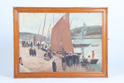 painting of a group of people standing on a beach next to a body of water