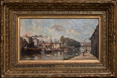 painting of a river scene with boats and buildings in a gold frame