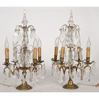 pair of antique brass and crystal chandeliers