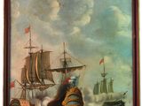 une peinture à l'huile représentant deux navires sur un plan d'eau, avec d'autres navires en arrière-plan
