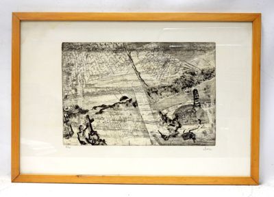 drawing of a map of a city in a wooden frame on a wall