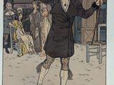 illustration of a man in a black coat holding an umbrella in front of a building