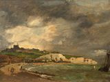 an image of a painting of a view of a beach with a castle in the distance
