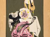 an image of a painting of a woman in a pink dress with a guitar