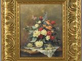 an oil painting of flowers in a vase on a table