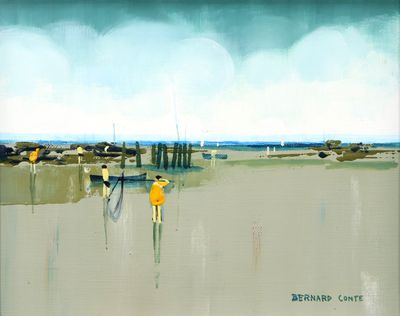 un tableau représentant une personne marchant sur une plage