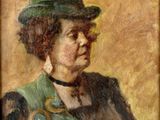 une peinture à l'huile représentant une femme portant un chapeau vert et une robe verte