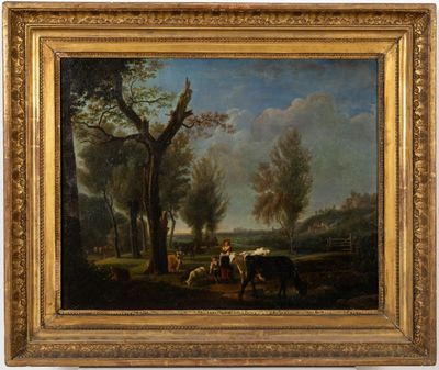 an image of a painting of cows in a wooded landscape