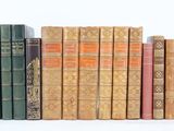 plusieurs vieux livres sont alignés sur une surface blanche