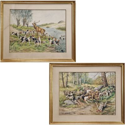 deux gravures encadrées représentant une scène de chasse avec un cerf et des chiens de chasse