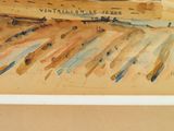a watercolor painting of a boat on the water