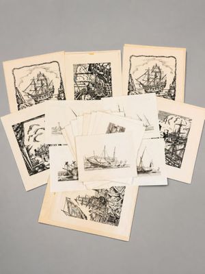 une série de dessins représentant des bateaux et des navires sur un fond gris