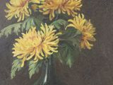 painting of yellow flowers in a black vase on a brown background