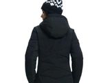 the woman is wearing a black jacket and white pants and a black hat