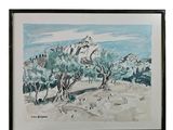 peinture représentant un paysage avec des arbres et des montagnes en arrière-plan