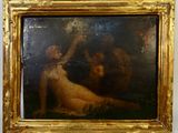 une image représentant un tableau où l'on voit une femme et un chien dans un champ