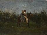tableau représentant un couple à cheval dans un champ, avec des arbres en arrière-plan