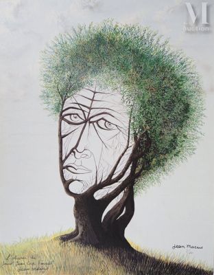 tableau représentant le visage d'un homme d'où jaillit un arbre