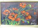 un tableau représentant un bouquet de fleurs orange, dans un cadre
