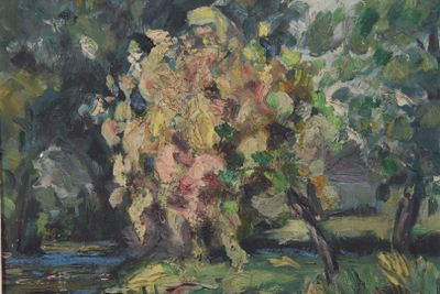 une peinture d'un arbre au milieu d'un champ
