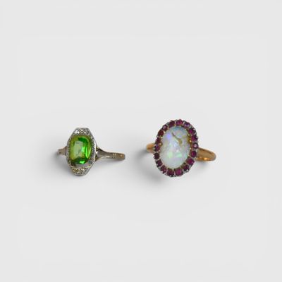 a pair of oplite and diamond rings